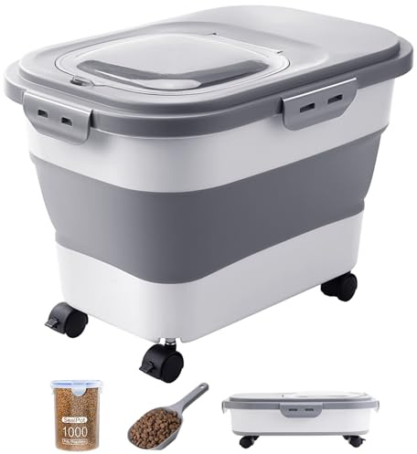 DDMOMMY 20-23 Lbs Dog Food Storage Container - Collapsible Dog Food Container with Attachable Casters and Scoop,Travel Silicone Bowl, Pet Food Storage Containers to Keep Dry Food Fresh,Easy to Move