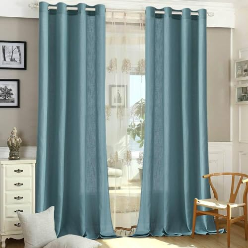 MIULEE Gardinen Vorhänge Schlafzimmer Vorhang Blau Gardine Wohnzimmer Leinenoptik Gardinen mit Ösen Fenster Halbtransparent Vorhang Modern Innen Balkontür Küche Vorhänge 140 x 260 cm