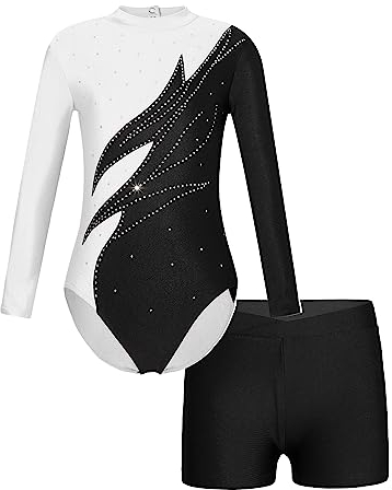 FEESHOW Mädchen Kinder Gymnastikanzug Turntrikot Gymnastikhose Ballett Gymnastikbody Shorts Wettkampf Sport Tanzoutfit Athletic Trainingsanzug D_Weiß&Schwarz 146-152