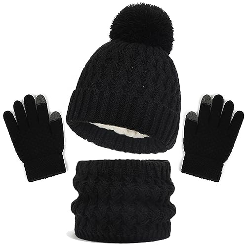 Baynetin Kinder Wintermütze Schal Handschuhe Set, 3 Stück Mädchen Warme Pompom Beanie Hut Touchscreen Handschuhe Runder Schal Set mit Fleece Gefüttert für Jungen Mädchen 2-8 Jahre (Schwarz)