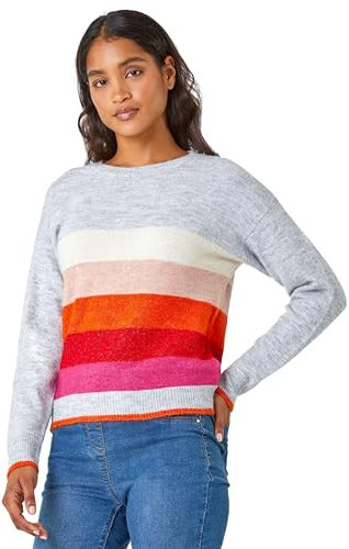 Roman Originals Thick Jumper for Women UK - Ladies Winter Autumn Smart Casual Knit Knitted Knitwear Pull-On Round Crew Neck Long Sleeve Work Office Dinner Party - Grey Red - Size XL