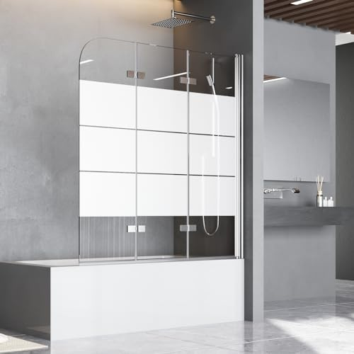 Duschwand für Badewanne 130 x 140 cm Badewannenfaltwand 3-teilig Gestreift Faltbar Duschtrennwand 6mm Nano Glas Silber Faltwand Duschabtrennung