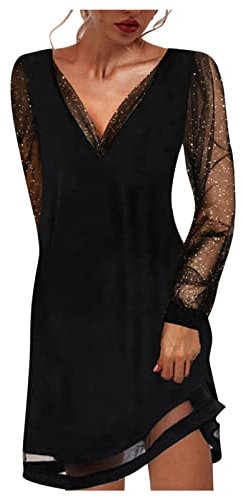 Robe Tulle pour Femmes Sexy, Robe de Soirée Courte Femme Splice,Robe Brillante Femme Manches Longues Paillettes Robes Coupe Ajustée la Grâce Classique Col-V Tunique Élégant Fête Cocktail Robes