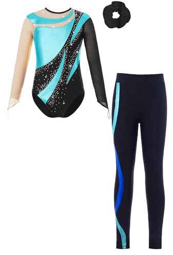 Hedmy Kinder Mädchen Turnanzug Glitzer Langarm Gymnastikanzug Ballett Trikot Tanz Anzug Wettkampf Tanzkostüme Ein Türkis 146-152