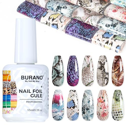BURANO Transferfolie Nägel Nagelfolien, 15ml Nail Art Foil Kleber Gel mit 10PCS Foliensticker Nail Transfer Tipps Nagelsticker Transferfolie Sticker Set 29