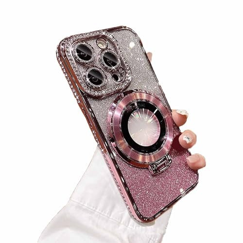 Glitter Diamond Magnetic Ring Holder Case for iPhone, Electroplated Gradient Shockproof Invisible Stand Cell Phone Case, Sparkling Diamond Cover Glitter Shiny Rhinestone Cases (Pink,for iPhone 14)