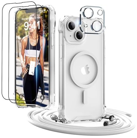 GUtttGU Handykette für iPhone 14 Hülle mit Band mit 2 Displaychutzfolie Panzerglas + 2 Kamera Schutzfolie Transparent Handyhülle Kompatibel mit Magsafe Schutzhülle Case für iPhone 14 Klar