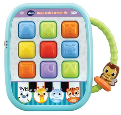 VTech Baby Tablet Sensoriale, Tablet Interattivo con più di 35 Canzoni, Frasi, Suoni, 9 Pulsanti Morbidi per Imparare Colori e Forme, Manico per Trasporto, Lingua Italiana, Batterie Incluse, 6-36 Mesi