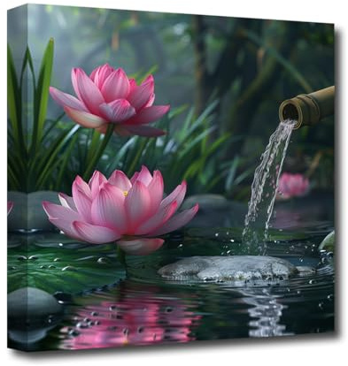 CXHOSTENT Zen Leinwandbilder rosa Lotus und fließendes Wasser Kunstdrucke Spa Bilder Yoga Badezimmer Wanddekoration gerahmt (D, 40.00 x 40.00 cms)