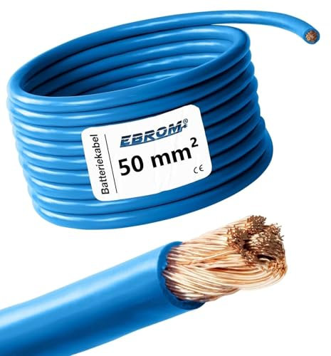 EBROM - Cavo batteria da 5 metri - cavo positivo - blu - 50 mm2 | 50 mm² | 50 mm2 - rame pieno 99,9% cavo di alimentazione in rame OFC, lunghezza: 5 metri