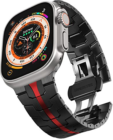 CHANCHY Stainless Steel Strap for Apple Watch Strap 49mm 46mm 45mm 44mm 42mm(Series 3), Metal Link Bracelet Replacement Band for iWatch Ultra 3 2 1/SE 3 2 1/Series 11 10 9 8 7 6 5 4 3 2 1, Black/Red