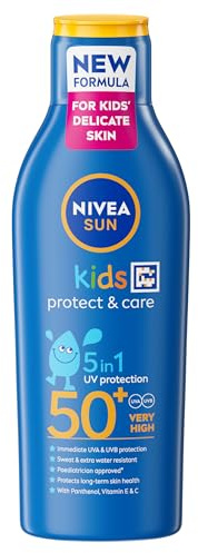 NIVEA SUN Kids Protect & Care SPF 50+ Lotion (200ml), Moisturising Sun Cream Protects Delicate Skin Against Sunburn and Long-Term UV Damage, Fast-Absorbing No White Cast Sun Lotion