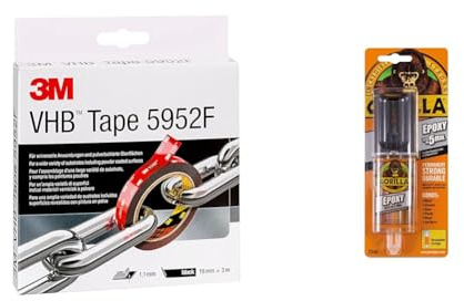 VHB 3M 5952 Adhesive Tape Simple Permanent Bonding with Double Coated Tape, Filmic Liner, 19 mm x 3 m, Black, 1 x Roll of Tape & Gorilla Epoxy 25ml