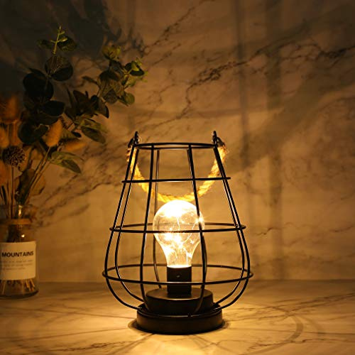 JHY DESIGN Hanging Lamp, 22cm High Cage Table Light Decorative Lantern Battery Powered, Accent Cordless for Home Living Room Bedroom (Black)