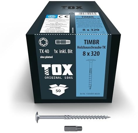 TOX Vis TIMBR TK 8,0 x 320 mm, zinguées bleues avec tête plate, TX40, vis pour un vissage facile et une capacité de charge élevée dans la construction en bois, 50 pcs, 1x embout inclus, 1120804180320