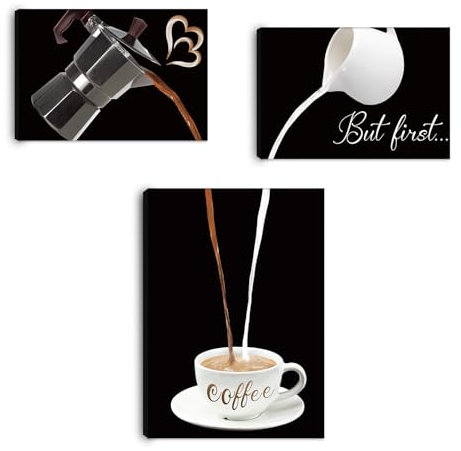 HPNIUB Bild auf Leinwand Kaffee Cafe Bilder Küche,3 Teile Bilder fertig gerahmt auf echtem Holzrahmen, Ausführung Kunstdruck als Wandbild Küche Küchenbilder Leinwand Kaffee Bilder