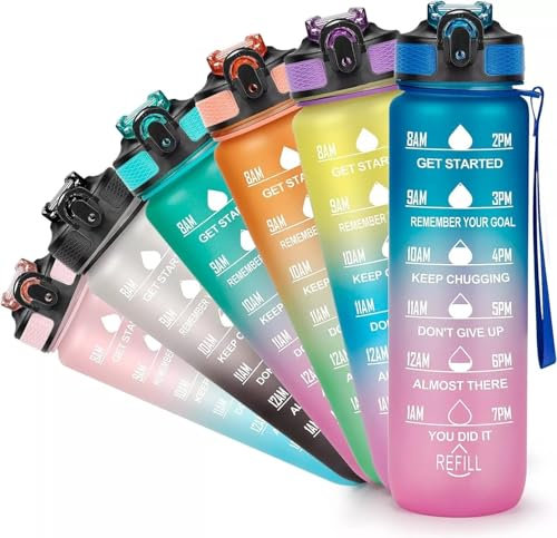 1 Litre Motivational Fitness Sport Water Bottles with Straw & Time Maker, Leakproof BPA-free WITH Carry Strap Plastic Drink Bottle 1L Design for Girls, Boy Running,cycling (Pink-Blue Gradient)