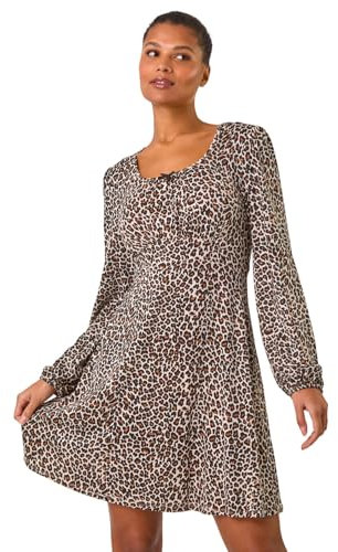 Roman Originals Women Gathered Chest Dress Ladies Stretchy Fit & Flare Swing Tea A Line Skater Knee Length Long Sleeve Midi Smart Casual Work Going Out Cocktail Party - Beige - Size 20