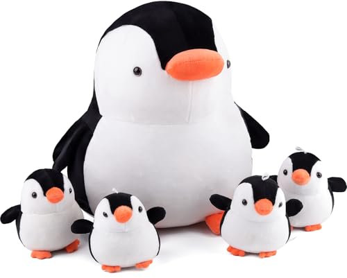 ANBOOR 5 pezzi pinguini di peluche, pinguini da 30 cm e 4 simpatici pinguini, set di giocattoli morbidi per bambini, giocattolo di peluche realistico come decorazione per feste di compleanno