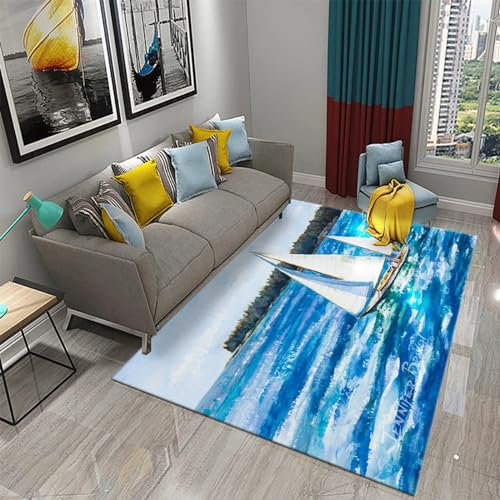 Ölgemälde Segelboot Sonnenuntergang Meereslandschaft Teppich Kinderteppich Wohnzimmerteppich Schlafzimmerteppich 3D-Gedruckter Superweicher Flanellteppich 50 X 80 cm - Leicht Zu Reinig -1844954089934