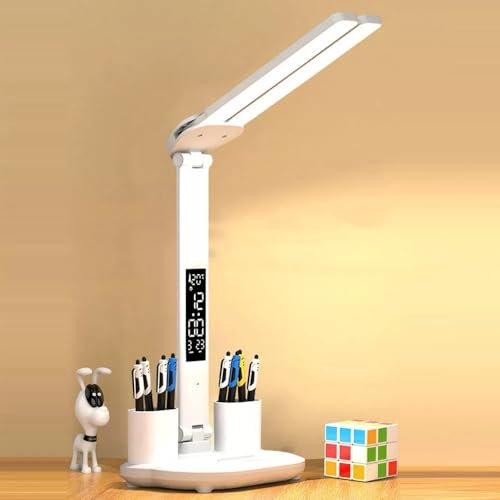 LED-Schreibtischlampe mit USB-Ladeanschluss, 3-Farben 5 Helligkeits-Augen-fürsorgliche Leseleuchten Touch Schiebe Dimmable Auto Timer Tischlampe mit Nachtlicht, Schreibtischleuchten mit Uhr für Studiu