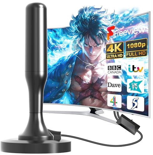 Indoor TV antenna with signal booster. Can receive high-definition TV channels & VHF/UHF/UHF/DAB signals from a distance