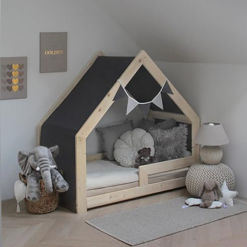 Need Sleep Hausbett Himmel mit Wimpelkette für Bett 90x200 cm - 100% Baumwolle Betthimmel Mädchen Junge- Himmelbett Vorhang für Kinderbett - Baldachin Kinderzimmer Deko Anthrazit (440 cm x 90 cm)