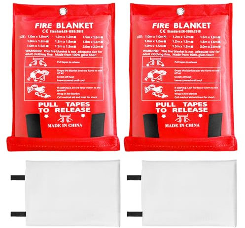 Feuerlöschdecke Löschdecke Küche - 2 Stück Feuerdecke Brandschutzdecke Glasfaser DIN EN 1869:2019 Retardant Decken für Fettbrand Küche, Kamin, Grill, Camping, Auto Ersten Hilfe, 120 x 120 cm
