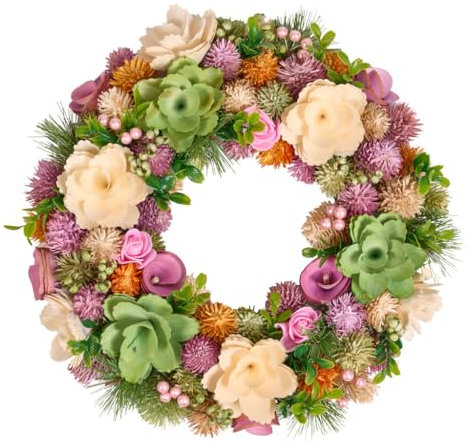 Spring Wreath Natural Wooden Garland Ornament Floral Evergreen Spring Wreaths for Front Door Summer Decoration Garden Ornaments Outdoor 34cm (Multicolour Thistle)