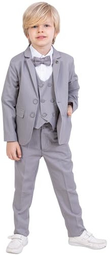 Suit for Boys | 5-Piece Set Shirt, Pants, Vest, Jacket, and Bow Tie | Party and Formal Wear for Boys Aged 1-13 Years (UK, Age, 4 Years, 5 Years, Regular, Gray)