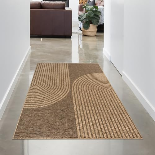 CARPETIA Teppich Gästezimmer Balkon Läuferteppich Flurläufer innen außen pflegeleicht mit elegantem Bogenmuster in beige & braun 80 x 150 cm