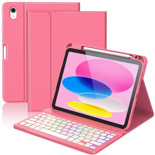 KBCASE Hülle mit Tastatur für iPad A16 11/10.Generation(112025/10.92022) | 7 Farben Beleuchtete Abnehmbare Magnetisch Bluetooth Tastatur mit Stifthalter für iPad 11 Zoll/10.9, QWERTZ Layout, Rot
