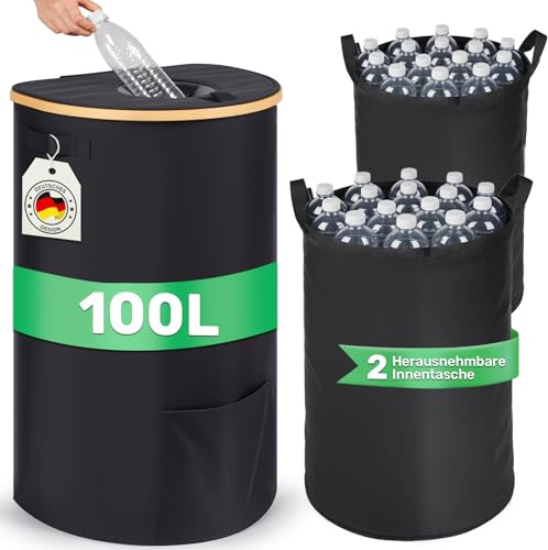 Contenitore per bottiglie a rendere Luxstein da 100 litri con coperchio e tasche laterali, raccoglitore per bottiglie a forma di D in tessuto resistente, con foro e 2 borse per il trasporto, nero