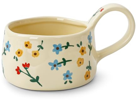 Koythin Ceramic Coffee Mug, Aesthetic Funny Mugs for Milk Cocktails Juice Latte Cappuccino, Cute Teacup with Floral Pattern for Afternoon Tea, 8 oz/230 ml (Blue and Yellow Small Flower)