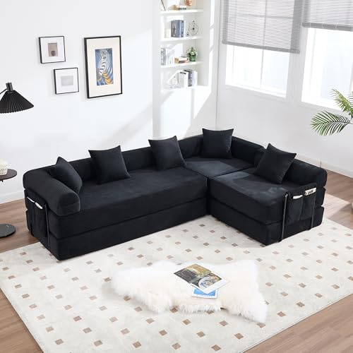 ZIDEY Schlafsofa, Module Sofa mit Schlaffunktion, Bettsofa ausziehbar mit Stauraum und 5 Kissen, Schlafcouch, Klappsofa, Kompressionssofa Für Wohnzimmer & Schlafzimmer, Schwarz