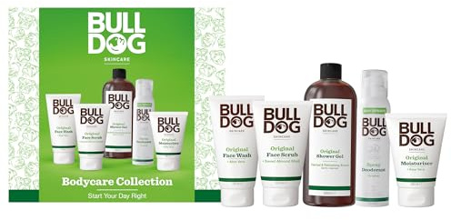 BULLDOG SKINCARE Original Face & Body Care Giftset for Men, 5 Products | Face moisturiser, face wash, face scrub, shower gel, spray deodorant, face and body collection set, Bulldog essentials