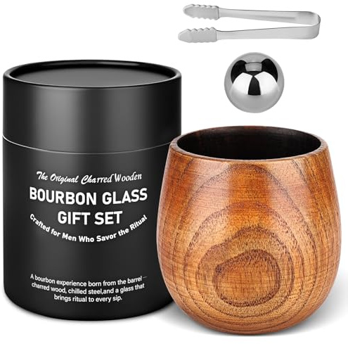 flaxarne Wooden Whiskey Glass Charred, 10oz Old Fashioned Bourbon Cup for Men, Unique Birthday Gifts for Him Husband Dad Brother
