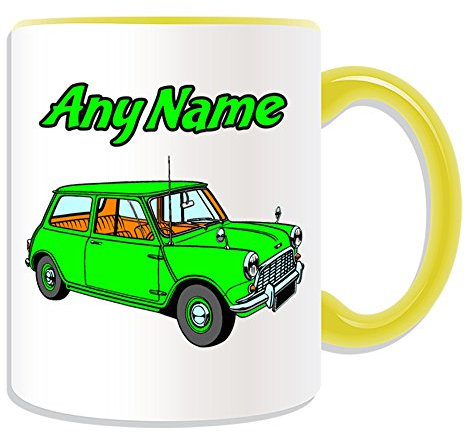 Personalisiertes Geschenk – Tasse Mini Cooper grün (Design Thema, Farbe Optionen) – Für jede Nachricht/Name auf Ihrem Einzigartig – BMW Hatch Cabrio Clubman Countryman Coupe Roadster Paceman Fahrzeug Auto Automarke Cute Treiber, keramik, gelb