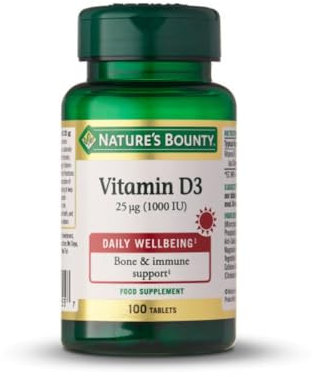 Nature’s Bounty | Vitamina D3 1000 UI | Apoyo al Sistema Inmunitario, Músculos y Huesos | Alta Absorción | Forma Natural de Vitamina D | 1 Comprimido al Día | 100 Comprimidos