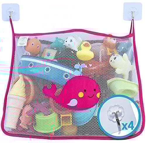 COSY ANGEL Baby Bath Toy Bag for Bath Toys Large Organiser Bathroom Storage Net with 4 Waterproof Self Adhesive Hooks (Pink)