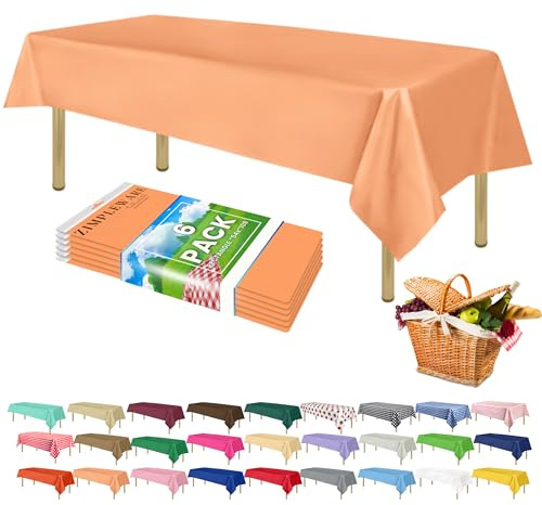ZIMPLEWARE Premium Peach Plastic Table Cloth Disposable (6 Pk) Plastic Tablecloths for Rectangle Tables (54in x 108in) Party Table Cloths Disposable for 6ft to 8ft Rectangle Tables