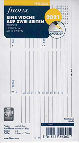 Filofax 2021 Kalender Personal A6 Einlage Kalenderbl tter 1Woche 2Seiten Horizontal Deu 21-68447 Weiss