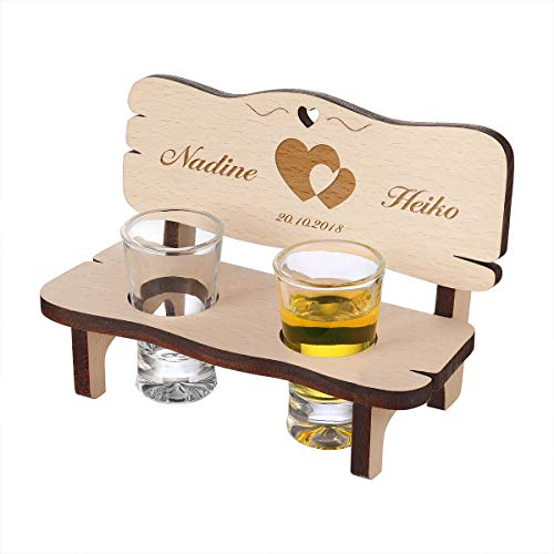 polar-effekt Schnapsbank mit 2 Schnapsgläser personalisiert - hochwertige Holzbank - Personalisiert mit Namen - Ideal als Geschenkidee für Hochzeiten - Motiv Doppelherz