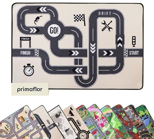 Primaflor Spielteppich mit Retro RENNSTRECKE-Design - Spielteppich für Kinder 100 x 150 cm - pflegeleichter Kinderteppich mit Straßen