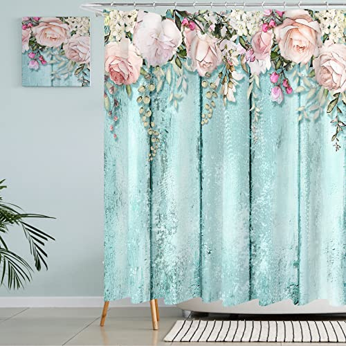 Tititex Duschvorhang-Set mit rosafarbenen Rosen, Shabby-Chic-Stil, rutisch, blaugrün, Holz, Badezimmer, dekorativ, 178 x 178 cm, Polyester, wasserdichter Stoff, Badezimmer-Vorhang mit Haken