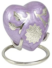 Small Heart Keepsake Cremation Urn for Ashes – 3-Inch Memorial Heart with Secure Screw Lid, Approx 15 Teaspoons Capacity, Includes Display Stand & Velvet Box (Purple-Sunflower)