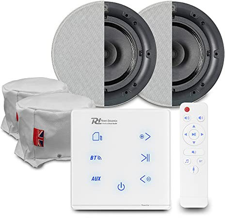 Power Dynamics Powerline Bluetooth Ceiling Speaker System - A50W In-Wall Amplifier with 2x Q Acoustics QI65CB Speakers and Fire Hoods, Home Audio Installation Kit