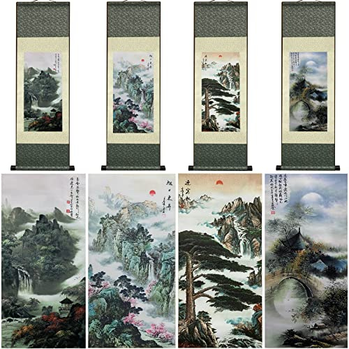 Valart Rollbild aus Seide Asiatisch Wand Dekoration 4 Packung Wasserfall Fluss Landschaft Gemälde Schön Chinesische Kunstwandrolle Hängende Bildrolle Orientalisches Dekor 36.2x 12 in(4 Packung)