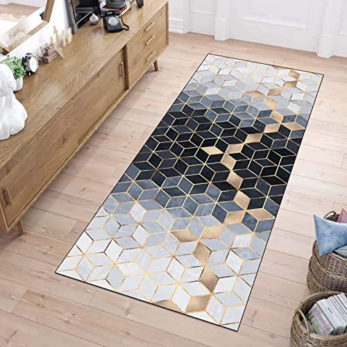 ZUZEKU Teppich Läufer Flur Bunt Blau und Grau Gold 80x400cm Küche rutschfest Waschbar Korridor Teppichlä Küchenläufer, Lang Polyester Teppich für Schlafzimmer Esszimmer Polyester Meterware Anpassbar