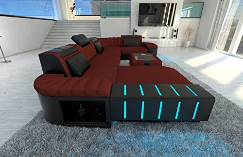 Sofa Bellagio U Form Stoffsofa Wohnlandschaft - mit LED Beleuchtung, verstellbare Kopfstützen, Recamiere/Mikrofaser/Ausrichtung wählbar (Ottomane Links, Dunkelrot-Schwarz C98)